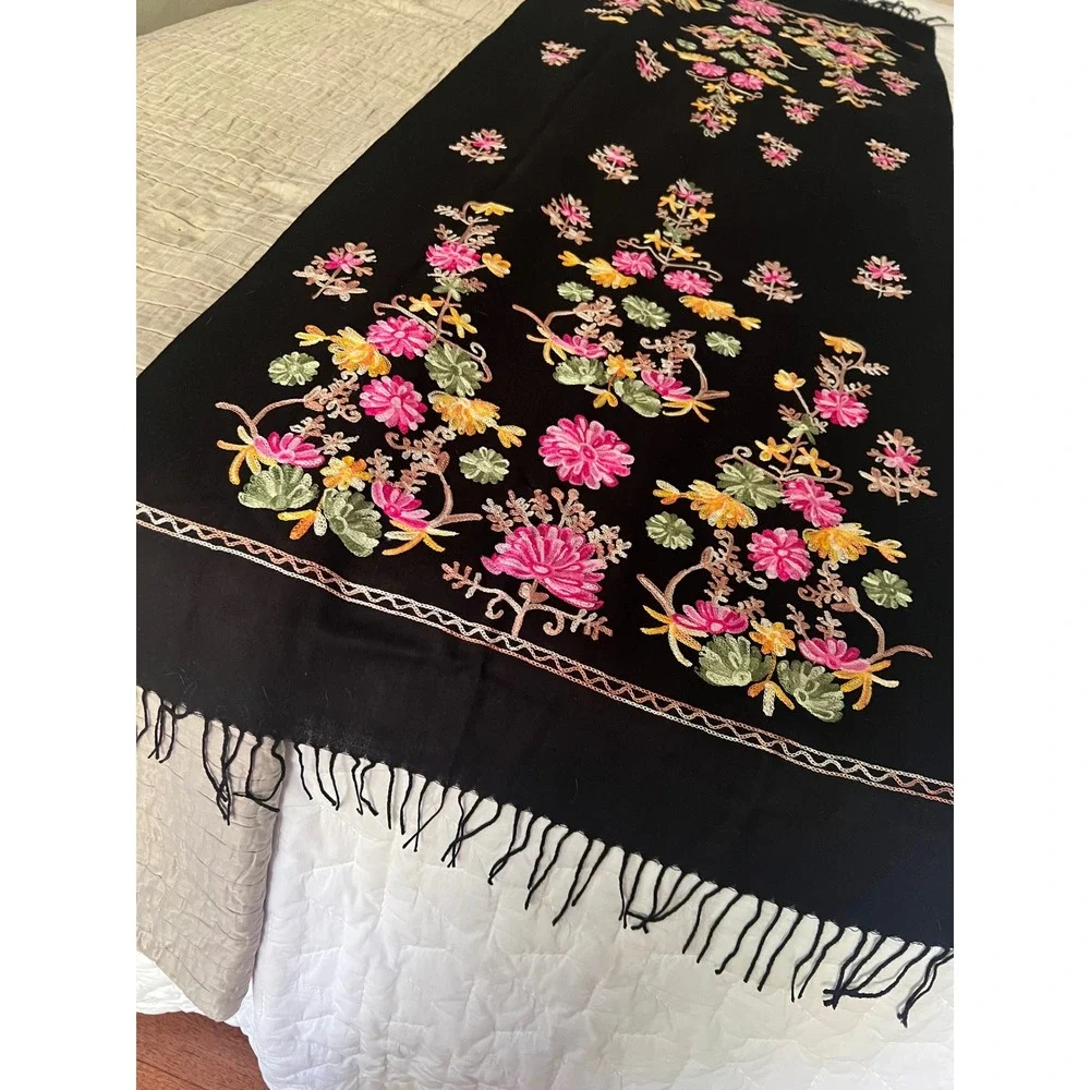 Pashmina 100% Cashmere Floral Embroidered Shawl Rebozo Black Fringe Wrap 65x25
